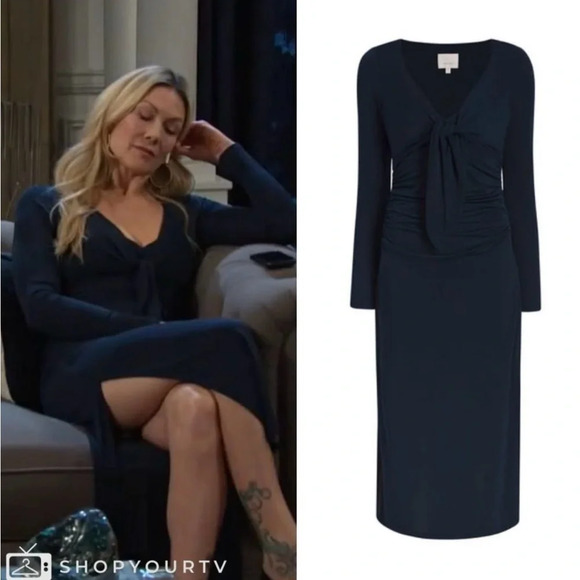 Cinq à Sept Brenna Knot-Tie‎ Gathered Crepe Midi Dress Peacock Blue Sz 8 and 6 - Picture 2 of 8